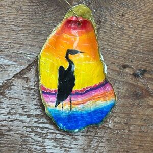 Hand-Painted Egret Oyster Shell Ornament